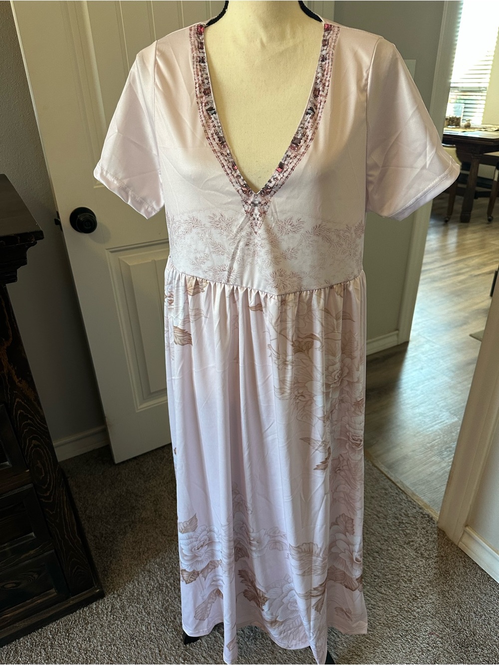 Soft Pink Maxi Dress with Floral Trim